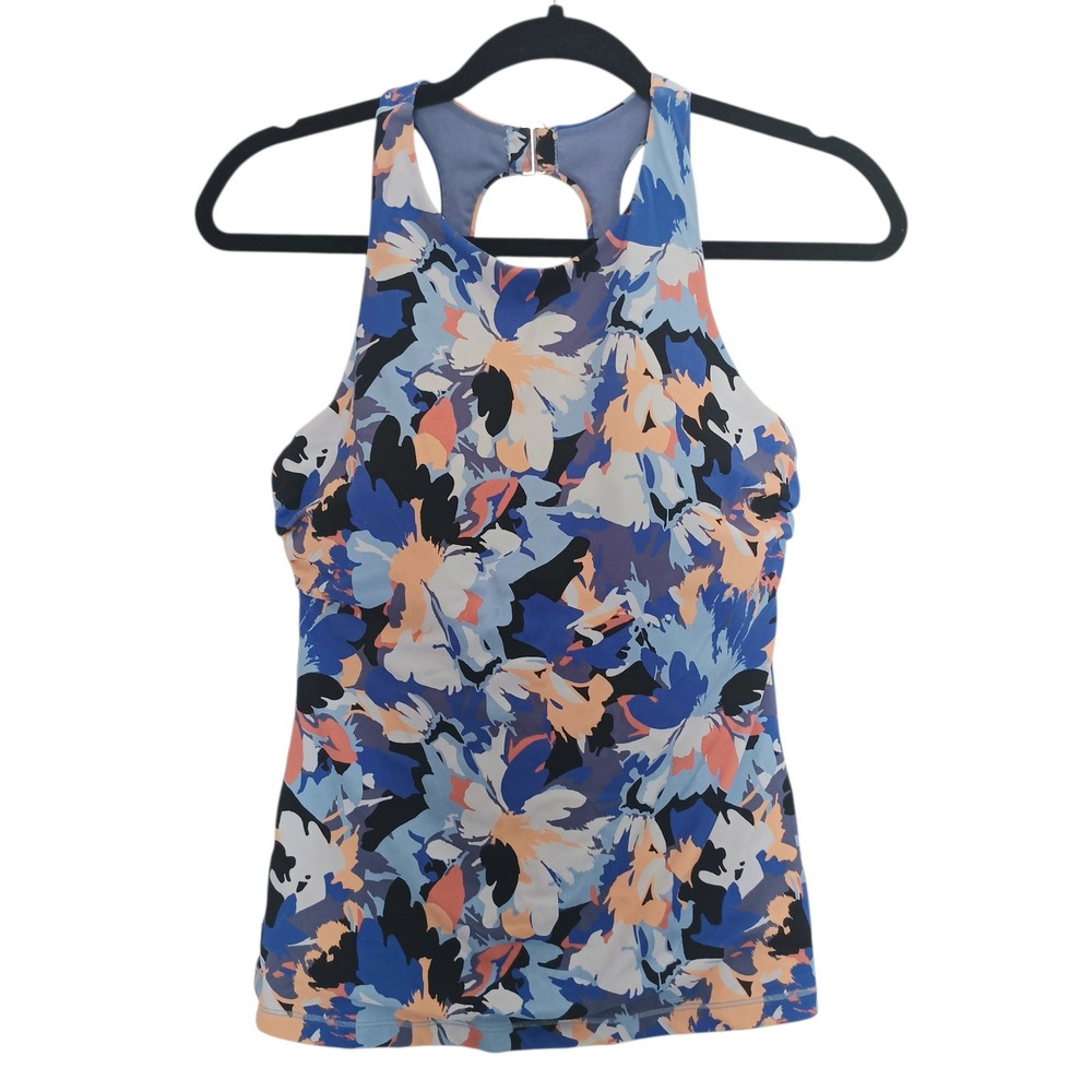 Athleta Tankini Top Womens 36B/C Blue Orange Floral High Neck Keyhole Swim Top
